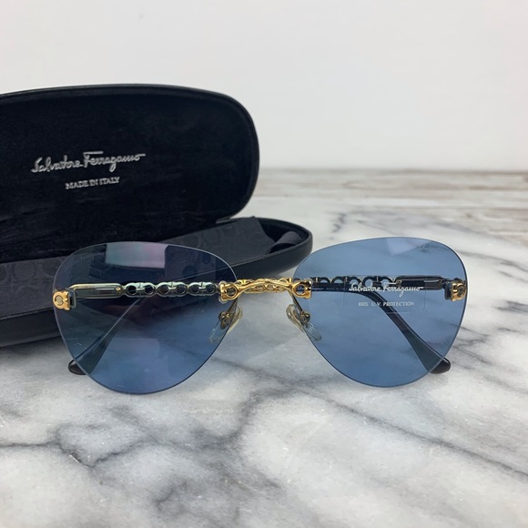 Salvatore Ferragamo Accessories - Salvatore Ferragamo eyeglasses gold logo blue tint